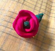 Red rose kasuti clip with embroidered floral motif and clasp back